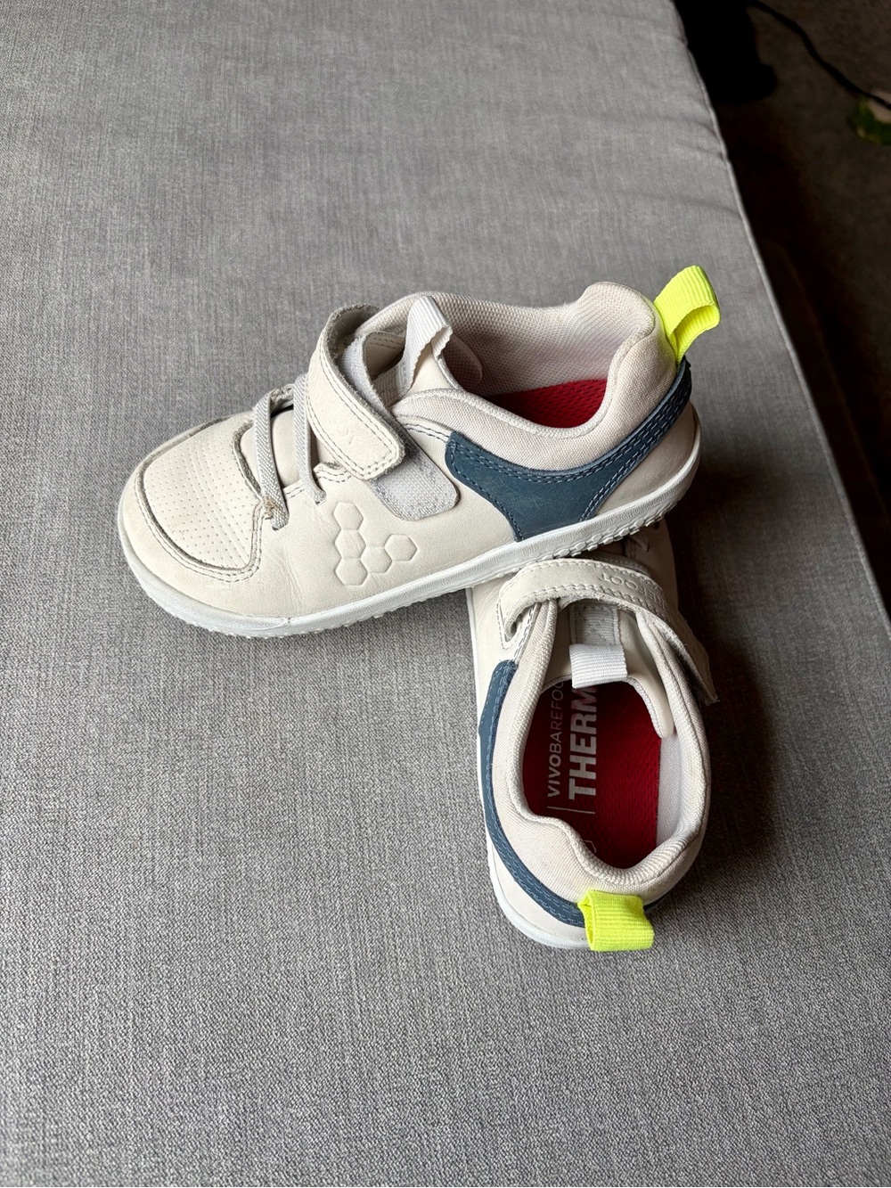 Vivo barefoot Kids White Sneakers with Navy Accents and Neon Yellow Pull Tab